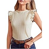 Floerns Women's Summer T Shirts Ruffle Sleeveless Crew Neck Textured Dressy Casual Tee Tops