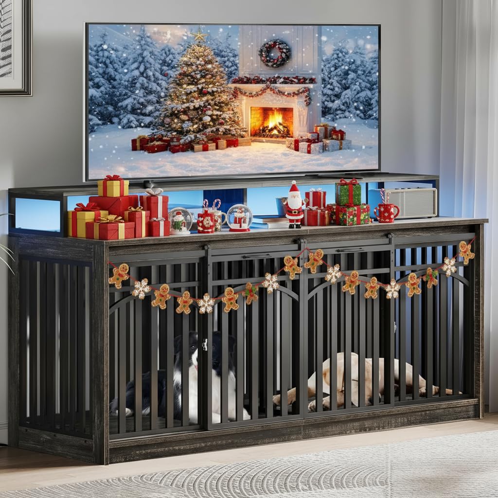 Photo 1 of **DAMAGED CORNERS*** DWVO 71" Double Dog Crate Furniture with LED Light & Power Outlets, Heavy Duty Dual Dog Kennel TV Stand w Storage Shelves Sliding Doors, Wooden Two Dog Cage Table 2 Medium Large Dogs, Black Oak