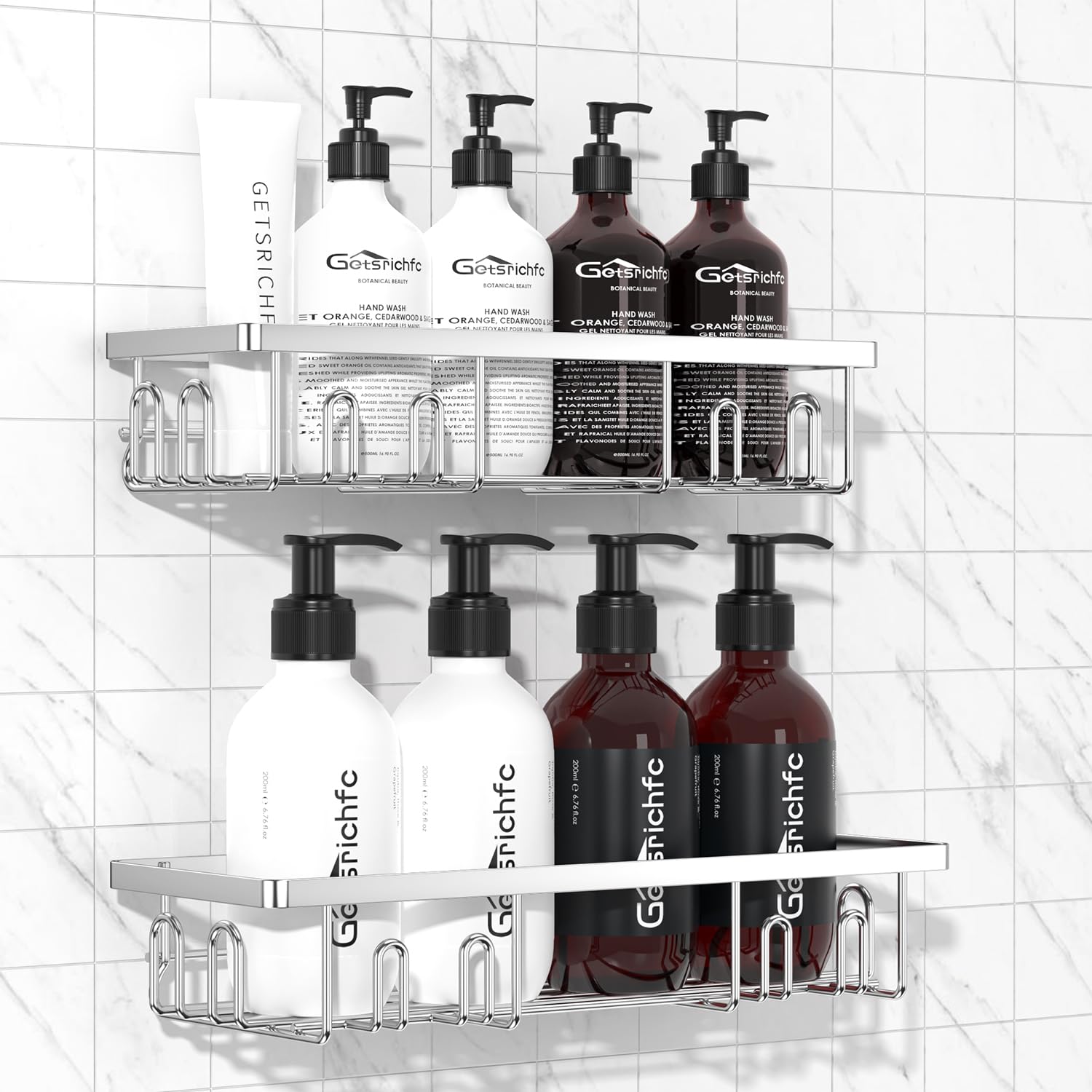 Photo 1 of Getsrichfc 2025 New Adhesive Shower Caddy, Shower Shelves with 16 Hooks, Silvery 2 Pack