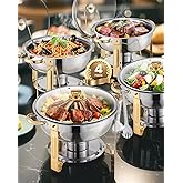 VEVOR Chafing Dish Buffet Set, 5 Qt 4 Pack, Stainless Steel Chafer with 4 Full Size Pan, Round Catering Warmer Server with Glass Lid Water Pan Folding Stand Fuel Holder, for Wedding Banquet, Gold