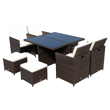 Outsunny Polyrattan Sitzgruppe Essgruppe 21 TLG. mit Kissen Gartenmöbel Alu Braun