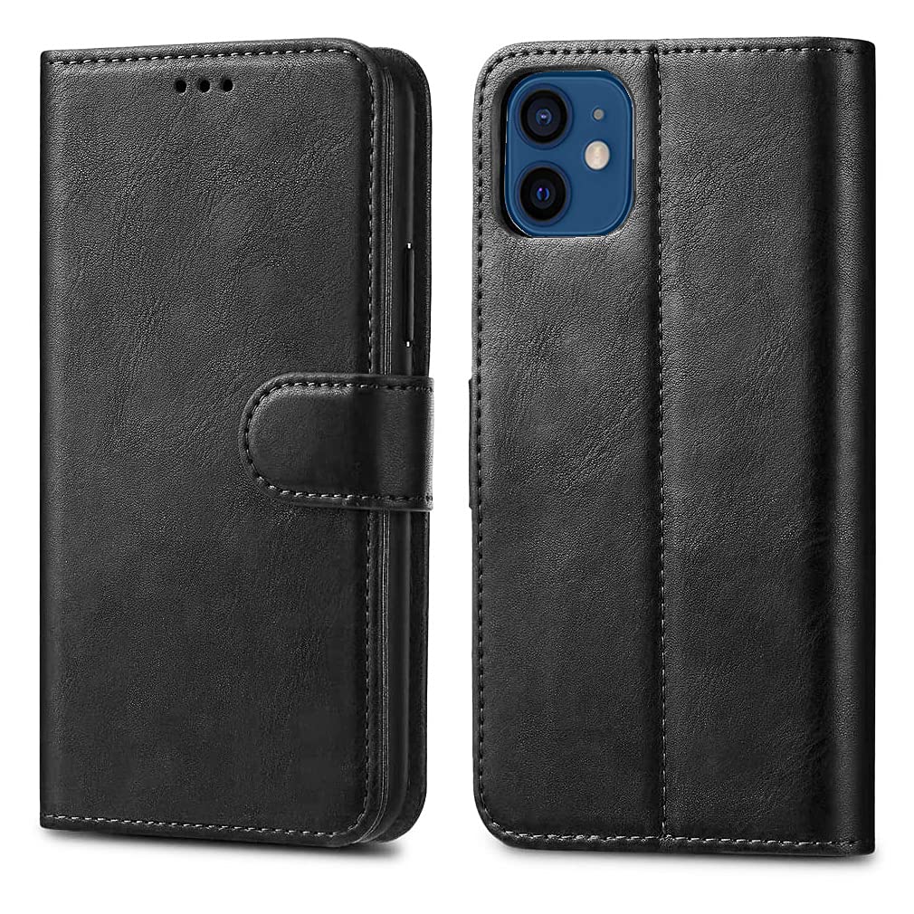 GAPlus iPhone 12 Mini 5.4" Leather Case - Premium Wallet Case Leather Flip Cover For iPhone 12 Mini [Card Holder] [Magnetic Closure] (Black)