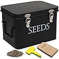 FazCo Garden Seed Storage Box with Dividers Seeds Packet Organizer Case for Gardening 3 Inner Slot Bird Plant or Vegetable Seed Container Saver Tin – Black Galvanized Metal with Envelopes & Labels