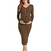 Ecavus Women's Winter Maternity Sweater Dress Long Sleeve V Neck Slim Fit Ribbed Knit Midi Bodycon Dresses with Belt