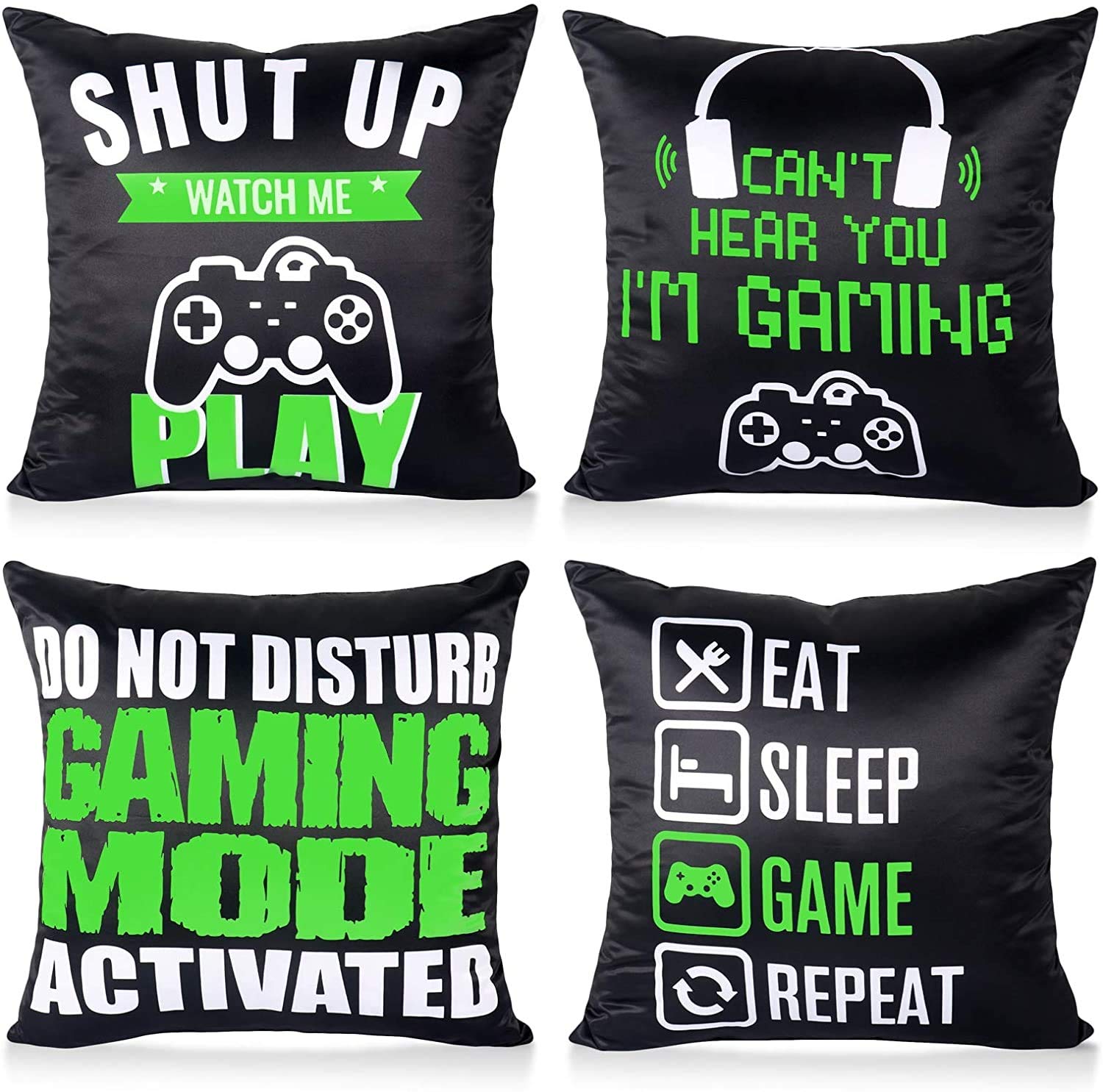 QIFU 4Pcs Black Green Gaming Cushion Cover Gamer Pillowcase，Video Game Cushion Covers， Great Gift for Gaming Fan，Boy Bedroom Accessories，Home Decor (18" x 18")