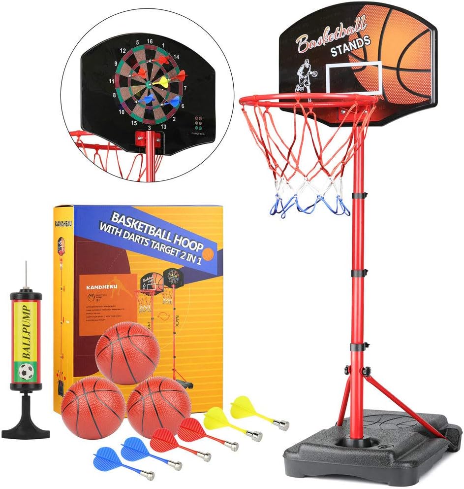 KAMDHENU Basketball Hoop, Kids Toy Basketball Hoop with Darts Target 2 in 1 with Height-Adjustable 3.2ft-6.2ft, Portable Basketball Hoop Indoor and Outdoor Activities for Kids Age 3-8: Toys & Games