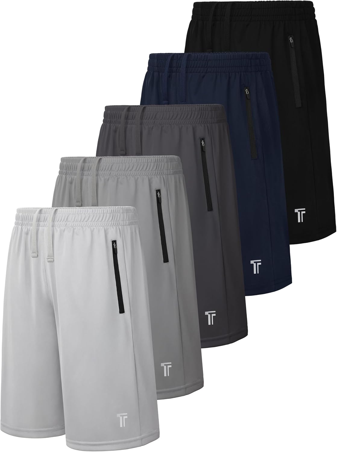Tuliara 5 Pack Boys Athletic Shorts with Zipper Pockets Basketball Soccer Quick Dry Teen Kids Sport Shorts Elastic Waist