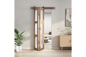 JUBEST Bifold Glass Barn Door, 36Inch Bi Fold Sliding Barn Door Kit with Hardware Include, 3-Panel Glass Barn Door Slab, Solid Wood Barn Door with MDF & Water-Proof PVC Surface, Brown