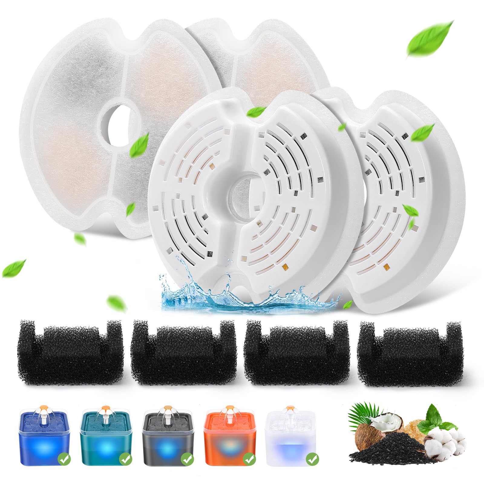 4 Packs Cat Water Fountain Filters for Ultra Silent Cat Fountain 67oz/2L with LED Night Light, Triple Filtration System Activated Carbon Filter with Pre-Filter Sponges for Pet Water Fountain