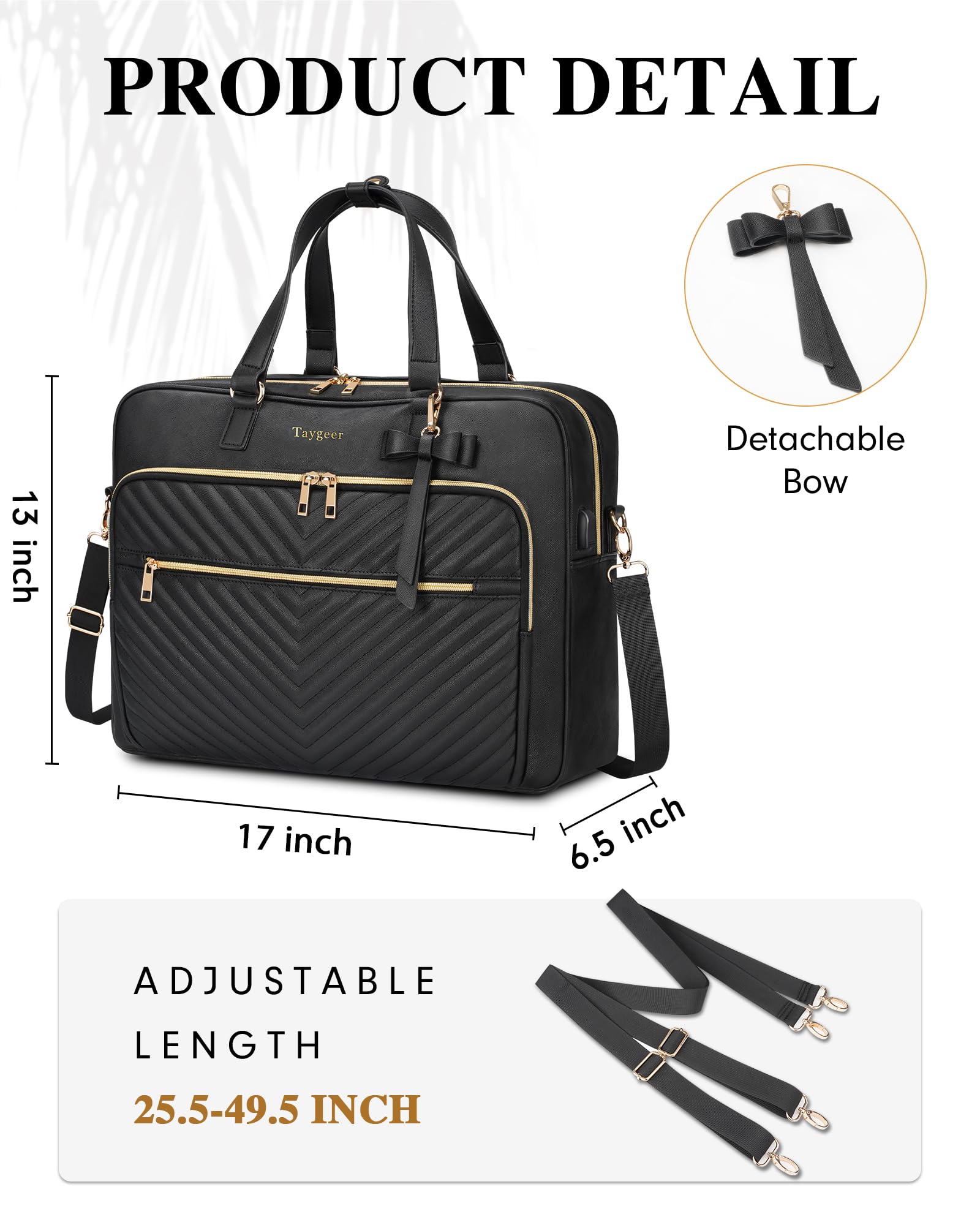 Taygeer 17 Inch Laptop Bag for Women, Large Convertible Quilted Briefcase Backpack with USB Port, Waterproof Leather Work Tote Bags, Professional Shoulder Computer Handbags for Office Business, Black