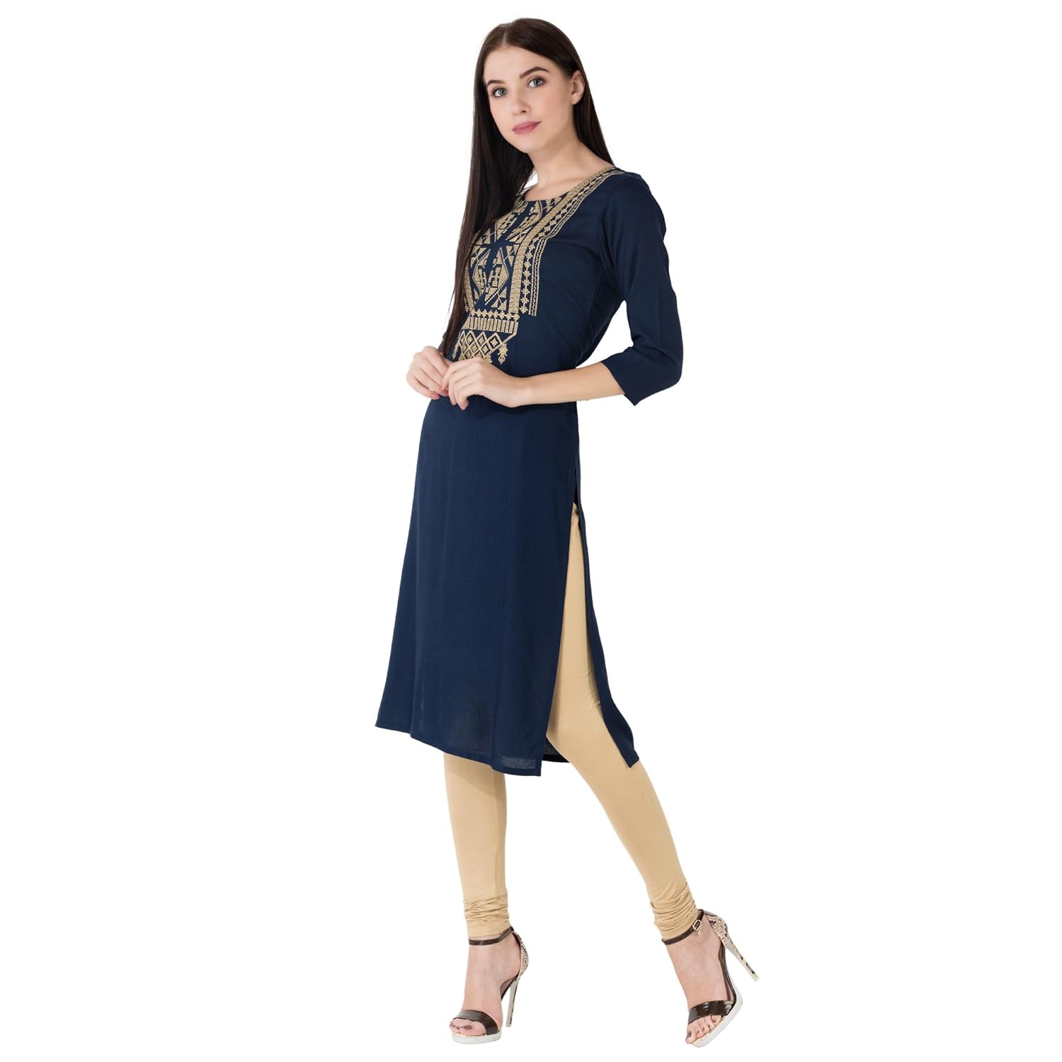 m&d women's embroidered cotton straight kurti