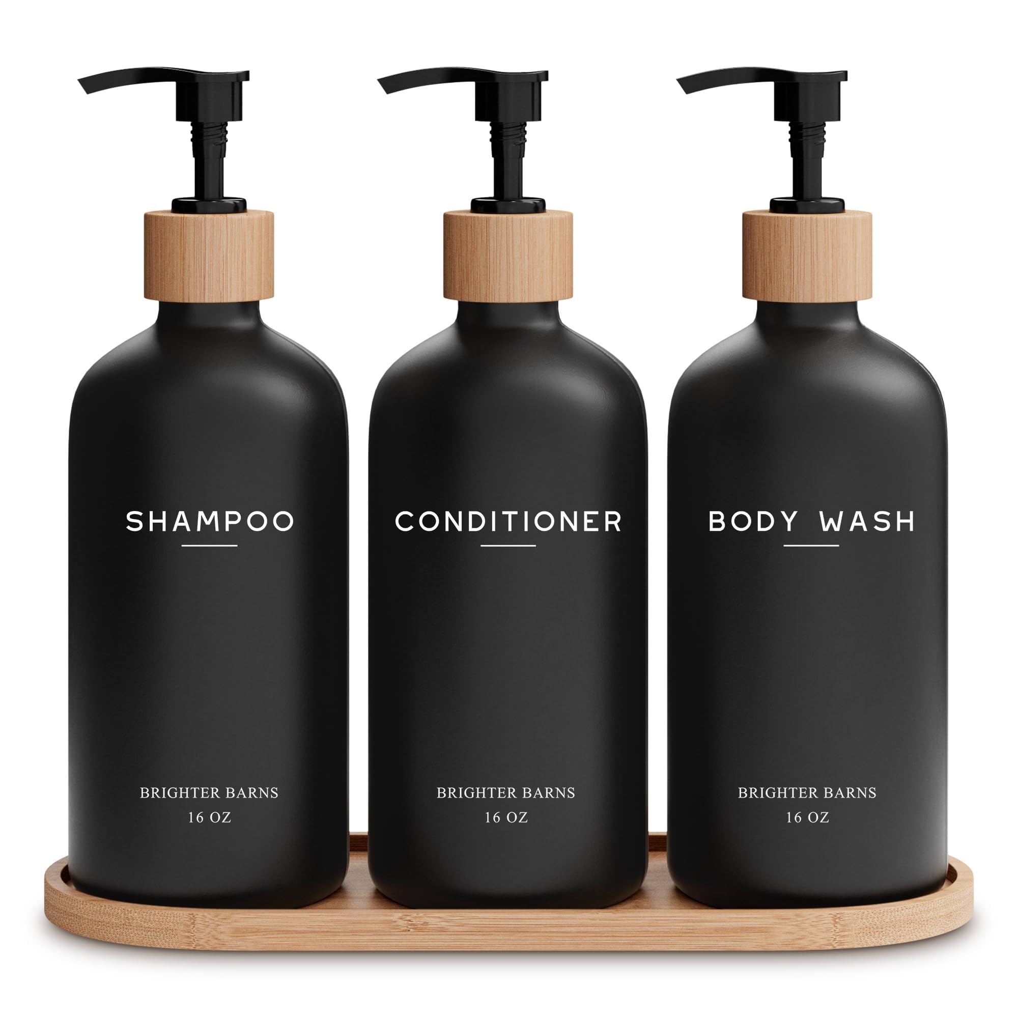 Photo 1 of Black Shampoo and Conditioner Dispenser Set by Brighter Barns - Body Wash, Shampoo Dispenser for Shower with Pump - Refillable Plastic Shower Soap Dispenser for Bathroom Decor in Home, Airbnb (Black)
