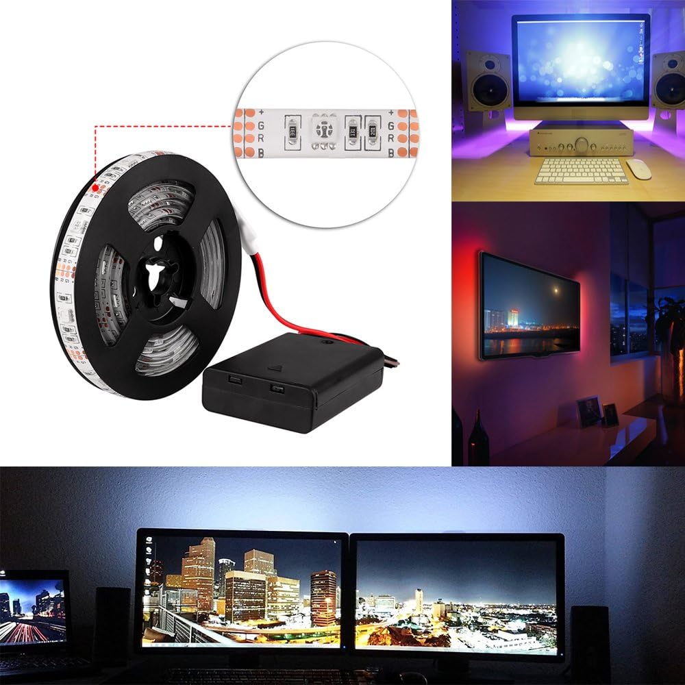 Led Strip 2M Waterproof Flexible RGB Colour Changing 60leds SMD 5050 IP65 5V TV Backlight Strip Light Battery Box Operated [Energy Class A+++]