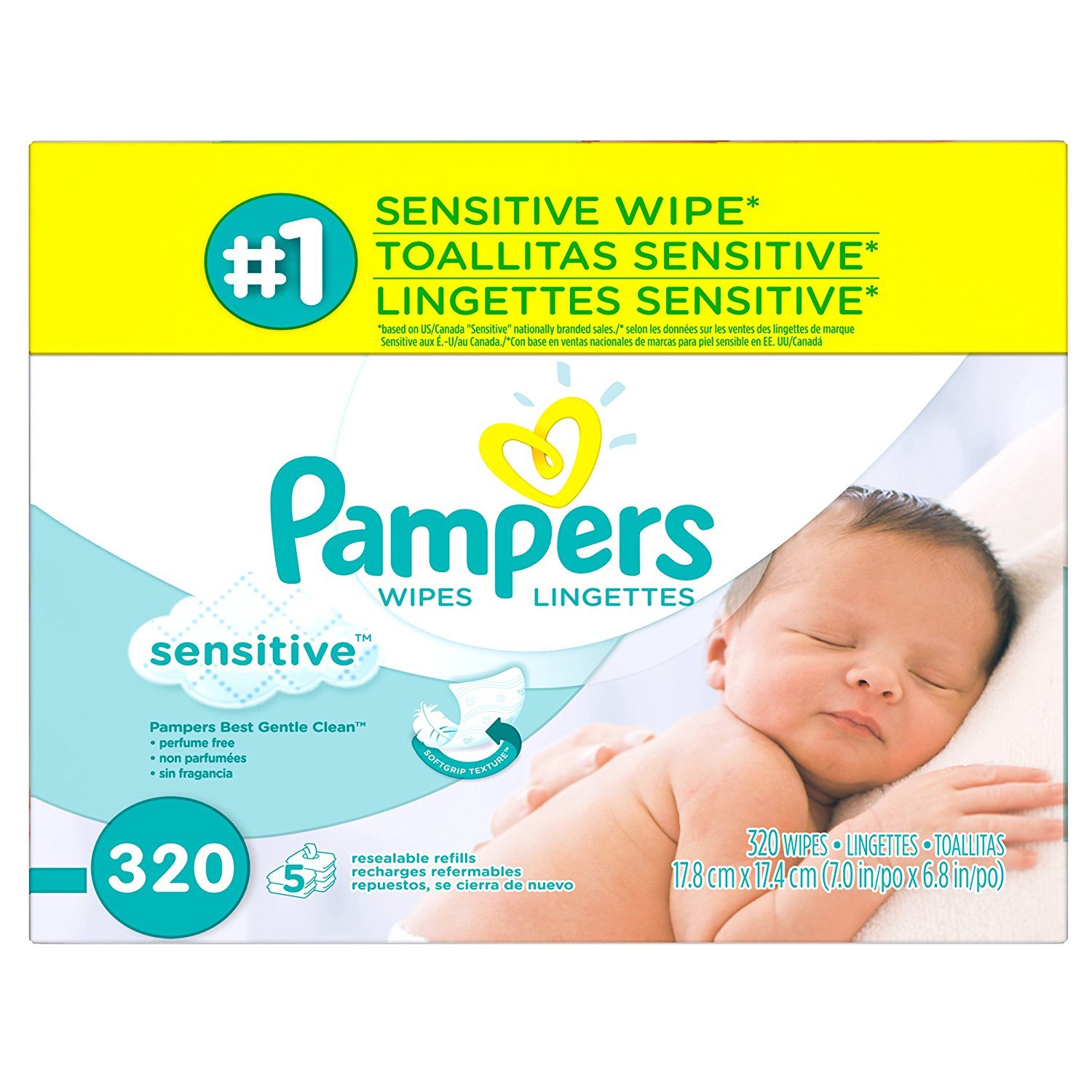 Pampers Baby Wipes Sensitive 320 Count 5 Resealable Refills