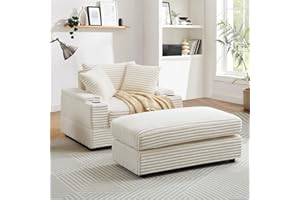 ANTETEK Modern Chaise Longue Chair Indoor, 43" Oversized Upholstered Single Lounge Sofa with Ottoman/Storage Armrests/Cup Holders, Corduroy Deep Seat Cloud Sofa Couch Chair for Living Room, Beige