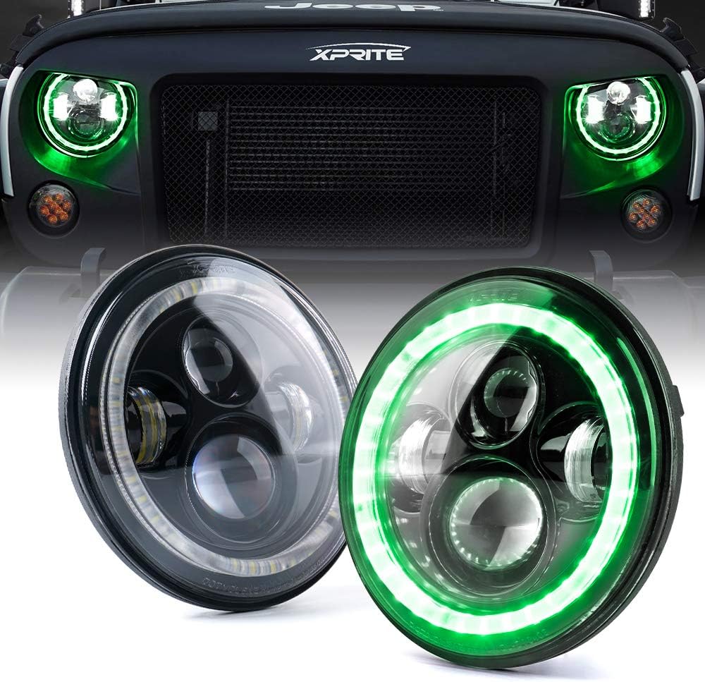 Xprite 7 Inch 90W LED Headlights With Green Halo for 1997-2018 Jeep Wrangler JK TJ LJ (DOT Approved), CREE LED Chip, 9600 Lumens Hi/Lo Beam with Halo Ring Angel Eyes