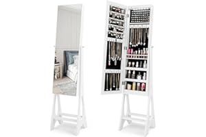Giantex 12 LED Jewelry Armoire Cabinet with Frameless Full-Length Mirror, Standing Jewelry Cabinet Organizer with 16 Lipstick Holders, Large Storage Capacity, 3 Angles Adjustable (White)