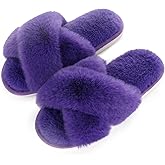 Evshine Women's Fuzzy Slippers Cross Band Memory Foam House Slippers Open Toe