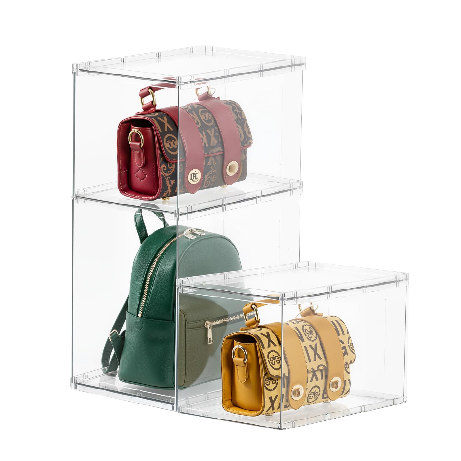 Photo 1 of FOCHIER F Bag & Purse Organizer for Closet,3 Pack Stackable Plastic Handbags Storgae Shelf Dividers,Clear Clutch Bag Organizers and Storage for Wardrobe Bathroom Study and Office(1 Large+2 Small)