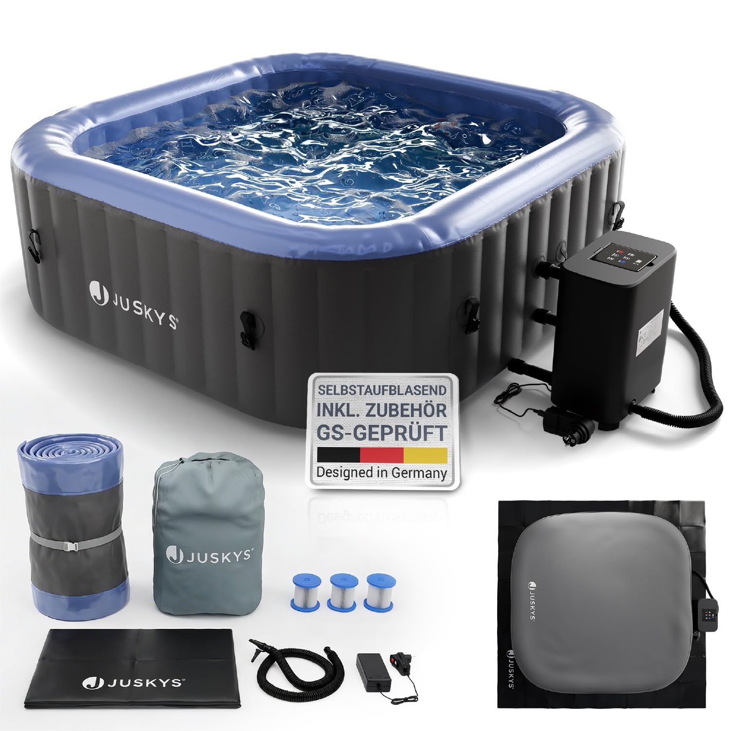 JUSKYS® Whirlpool SpaLuxe – Aufblasbar, Outdoor & Winterfest, 130 Sprudeldüsen, 3000W, PVC laminiert, Grau/Blau