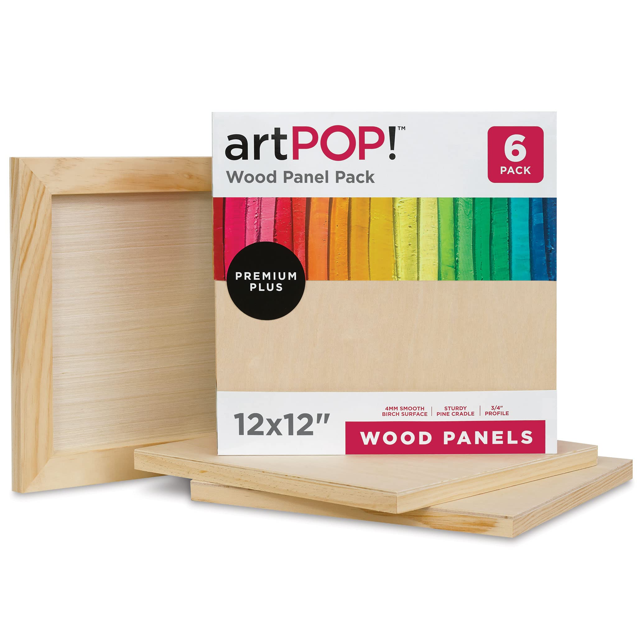 artPOP! Wood Panel Pack, 12 x 12 inches, Package of 6 Birch Wood Craft Panel Boards, 3/4 inch Profile Pine Cradle for Pouring, Crafting, Painting