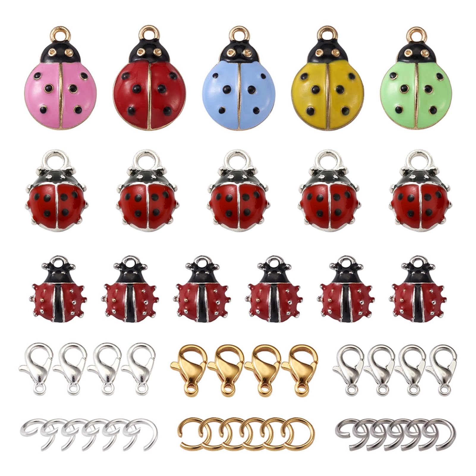 PandaHall 32pcs Alloy Enamel Ladybird Charms Pendant Mixed Color Flying Insect Animal Dangle Pendant with Lobster Claw Clasps & Open Jump Rings for DIY Necklace Bracelet Earrings