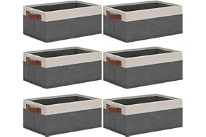 TxvzgHome Small Fabric Storage Bins for Shelves 6 Pack | Collapsible Closet Storage Bins with Leather Handles | 11.8x7.87x5.1