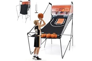 Goplus Foldable Dual Shot Basketball Arcade Game, Electronic Basketball Hoop w/LCD Scoreboard, 8 Game Modes, 4 Balls, Indoor Outdoor Basketball Game Machine for Adults (Orange)