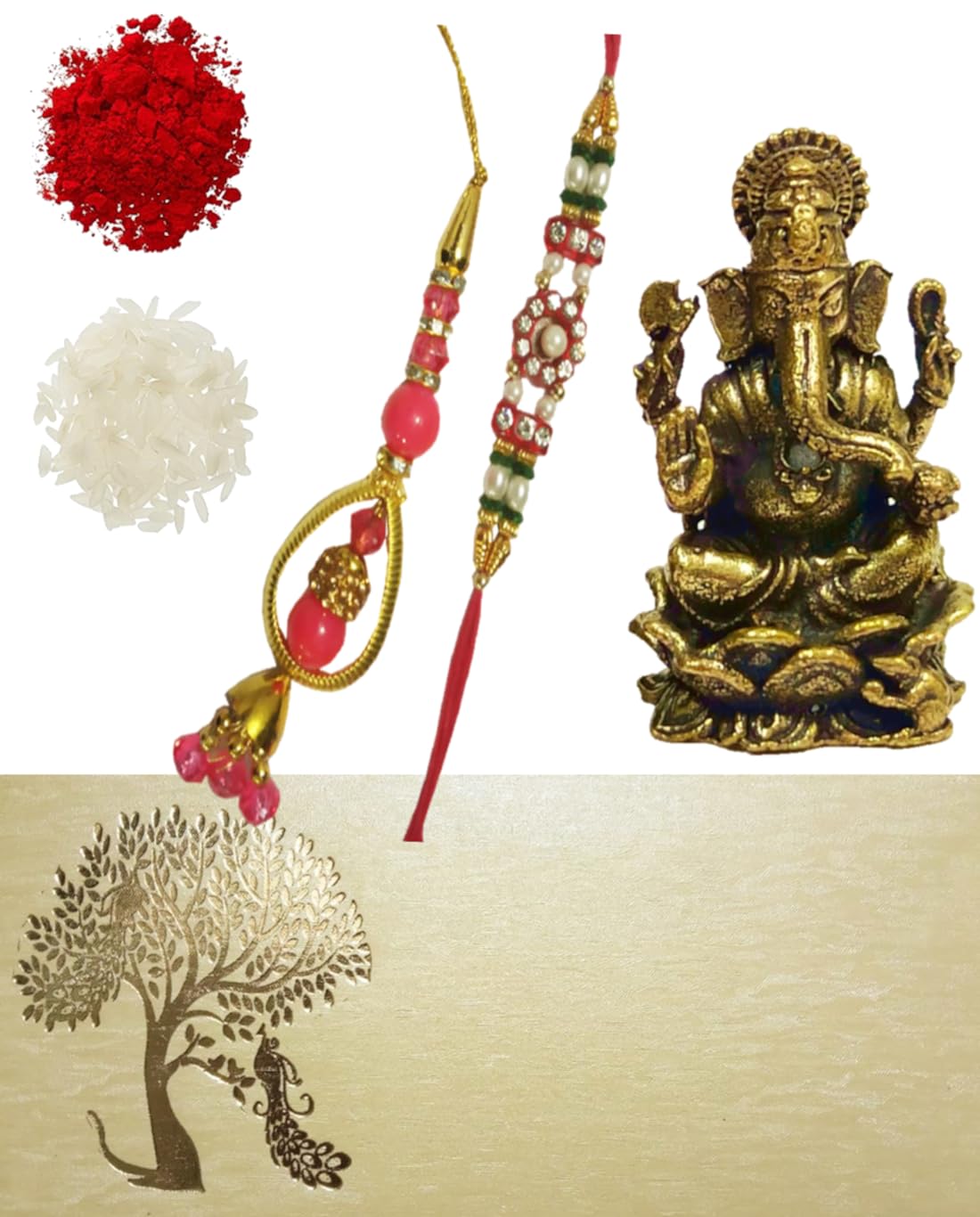 Purpledip Bhai Dooj Rakhi Set: Bhai Rakhi Bracelet. Bhabhi Rakhi (Lumba or Latkan), Miniature Ganesha Statue, Roli Chawal Tika (rakhi79c)