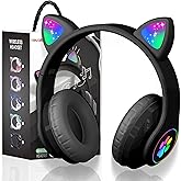 KERHAND Bluetooth Noise Cancelling Headphones for Kids,Foldable Cat Headphone with LED Light Up Ear,Cat Ear Headphones for Toddler with Microphone/TF Card,Kids Bluetooth Earphones for ipad
