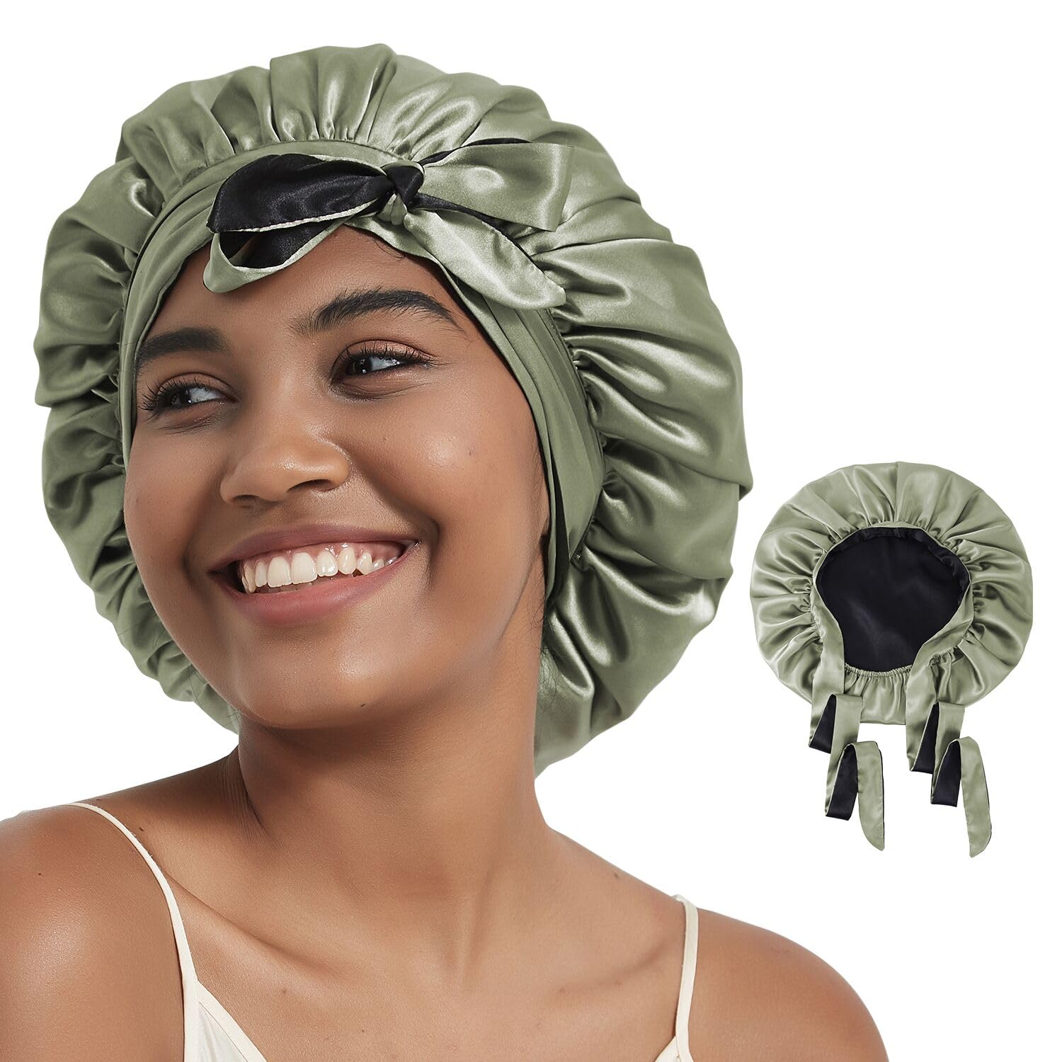 Hat Hut Satin Bonnet for Sleeping Cap for Curly Hair - Double Layer Reversible with Tie Band (Olive Green/Black) — image 1