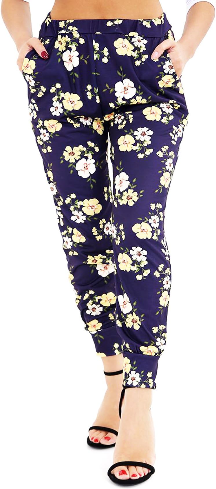 Homeware Outlet Ladies Floral Print Harem Ali Baba Cuffed Ankle Mid Rise TRS Pants Trousers Summer Paisley Pyjama Baggy Leggings (LXL (16-18), Navy with Y/W Spring Flowers)