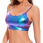 Vinaderhom Women's Metallic Crop Top Shiny Sleeveless Rave Bra Tops for Dancing Festival Costume