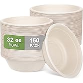ALEXPRE Large Disposable Paper Bowls-32oz for Hot Soup,150 Pack Eco-Friendly, Compostable Bagasse Disposable Heavy Duty Biodegradable Bowls Bulk for Hot Food, Salad, Milk Cereals