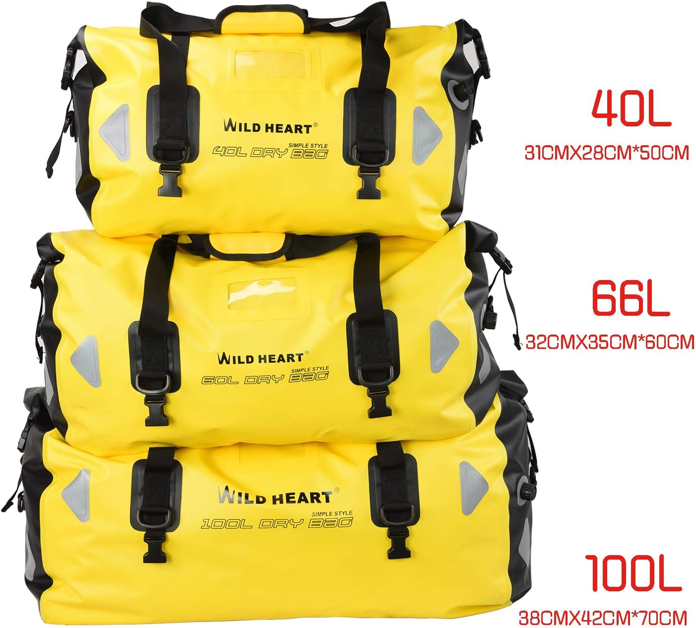 WILD HEART Waterproof Duffel Bag 40L 66L 100L with Welded Seams for Kayaking, Camping, Boating,Motorcycle (40L Yellow with Binding Rope): Sports & Outdoors
