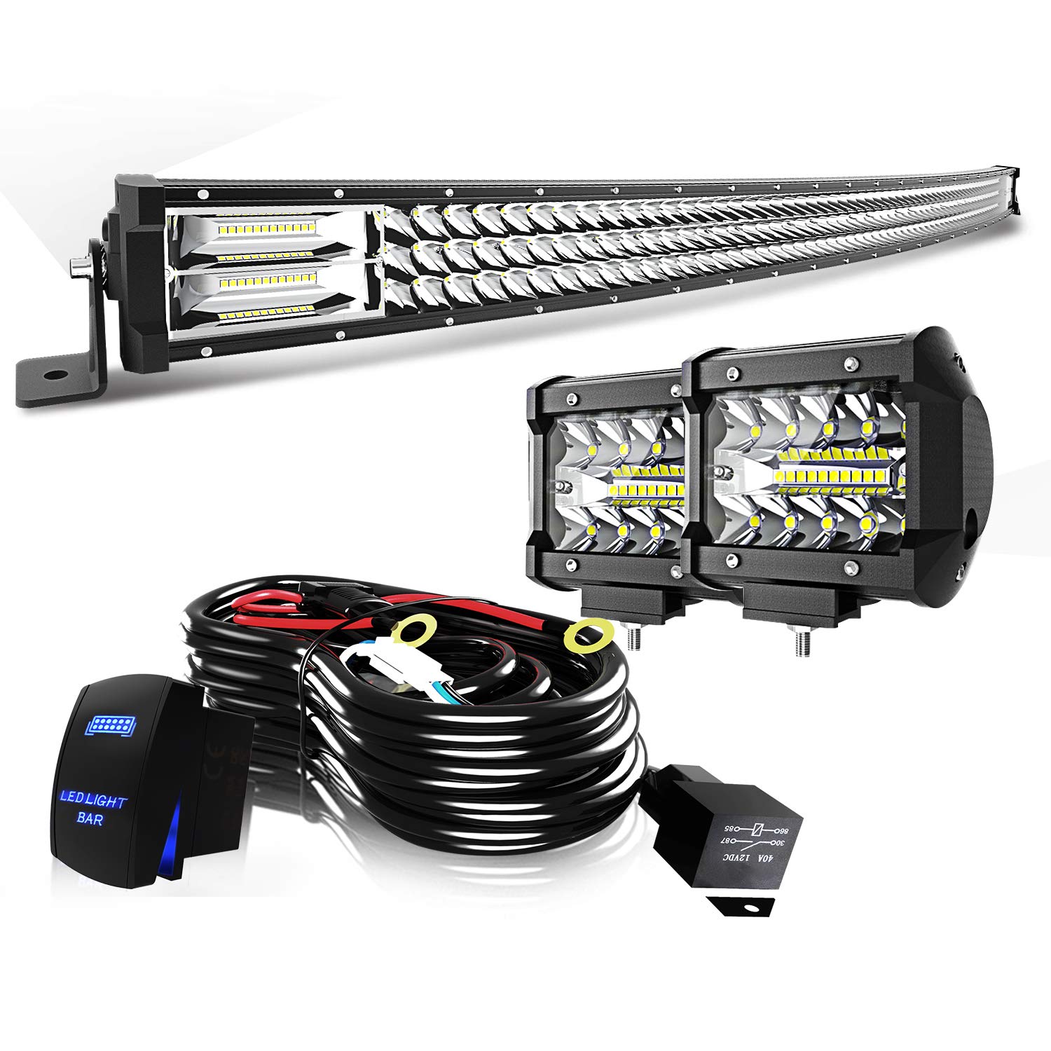 50" LED Light Bar Curved T-Former Triple Row 684W Flood Spot Combo Beam Off Road Lights 2pc 4inch 60W Spot Driving Fog Lights with Rocker Switch Harness Wiring for Trucks, ATV, UTV, Jeep, Boat, Pickup