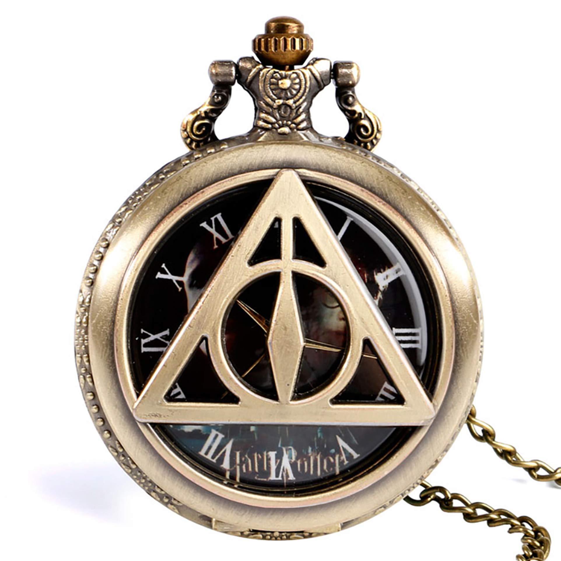 Bronze Triangle HP The Deathly Hallows Lord Analog Quartz Pocket Watch Necklace Collectibles for Men Women Kids