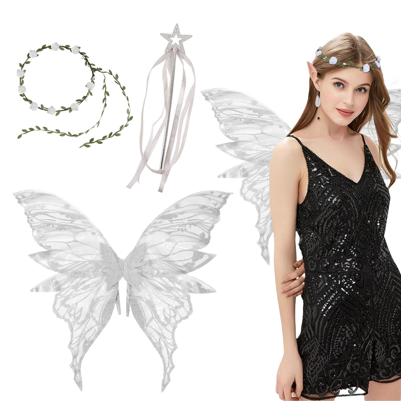 Fairy Wings, Angel Costume Accessories, Butterfly Wings Adults, Sparkling Sheer Wings with Flower Headband, Angel Princess Fancy Dress Up Costumes for Halloween Party Cosplay (White)