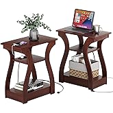 FROMJBEST End Tables Living Room Set of 2 with Charging Station, Cherry | Side Tables Living Room, with USB Ports and Outlets, Nightstands for Bedroom, 3-Tier Storage Shelf, Bedside Table