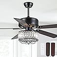 Kviflon Farmhouse Ceiling Fans with Lights and Remote, 52 Inch Indoor Chandelier Ceiling Fan with Light, Crystal Fandelier Ceiling Fans for Living Dining Room Bedroom, Wood Blades, Quiet, Black