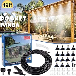 POCKET PANDA Misters for Outside Patio,Fan DIY 49FT, Outdoor Misting System Cooling kit with15 Brass Mister Nozzle for Pool,Umbrella,Trampoline,Deck,Canopy,Porch. Summer Backyard Mist Spray Hose