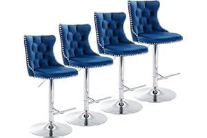 i-POOK Counter Height Bar Stools Set of 4, Swivel Barstools with High Back, Button Tufted and Nailheads Trim, Velvet Upholstered Bar Chairs for Home Bar Kitchen Island Cafe, Blue