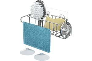 HapiRm 4 in 1 Adhesive Sink Caddy Sponge Holder, SUS304 Stainless Steel Sink Basket Brush Holder + Dish Cloth Hanger + Soap Rack + Sink Stopper Holder + Sponge Holder for Kitchen Sink - Silver