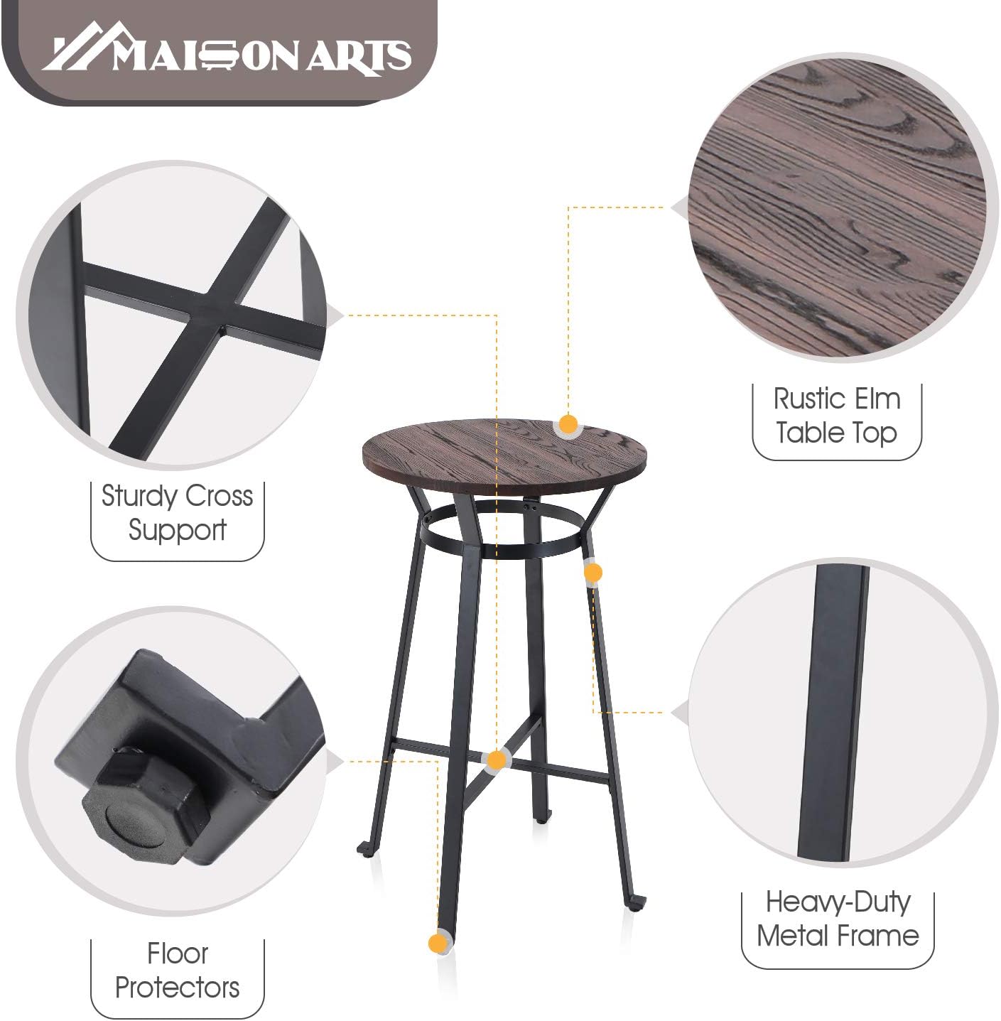 MAISON ARTS Bar Table Set of 3, Bar Height Round Bar Table with 2pcs Swivel Bar Stools 41" Pub Counter Table with Height Adjustable Barstools with Back, 1 Table & 2 Bar Stools Set, Rustic Brown: Kitchen & Dining