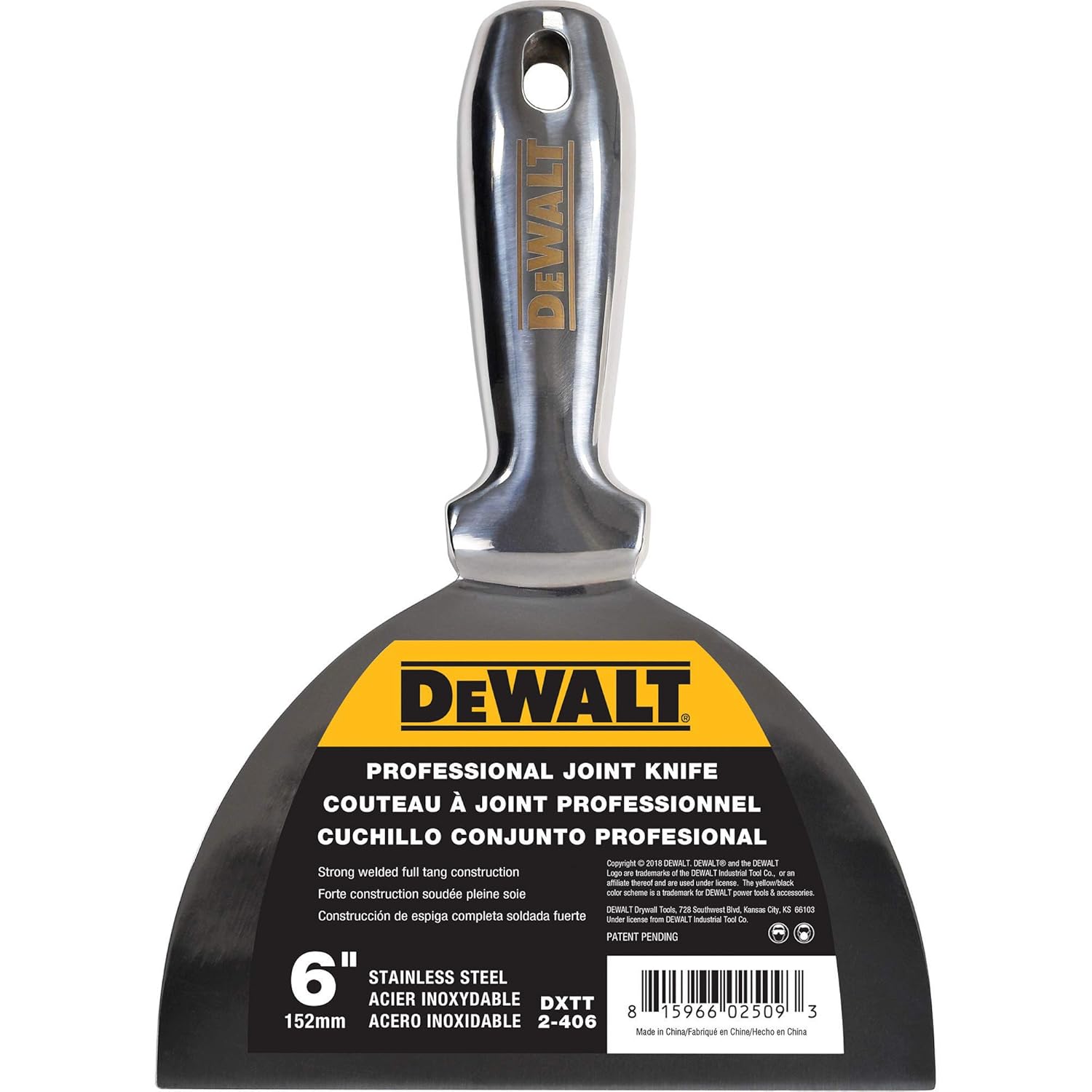 DEWALT One-Piece Stainless Steel Joint Knife, 6-Inch | Professional-Grade Putty Blade, Premium Polished Metal | 2-406