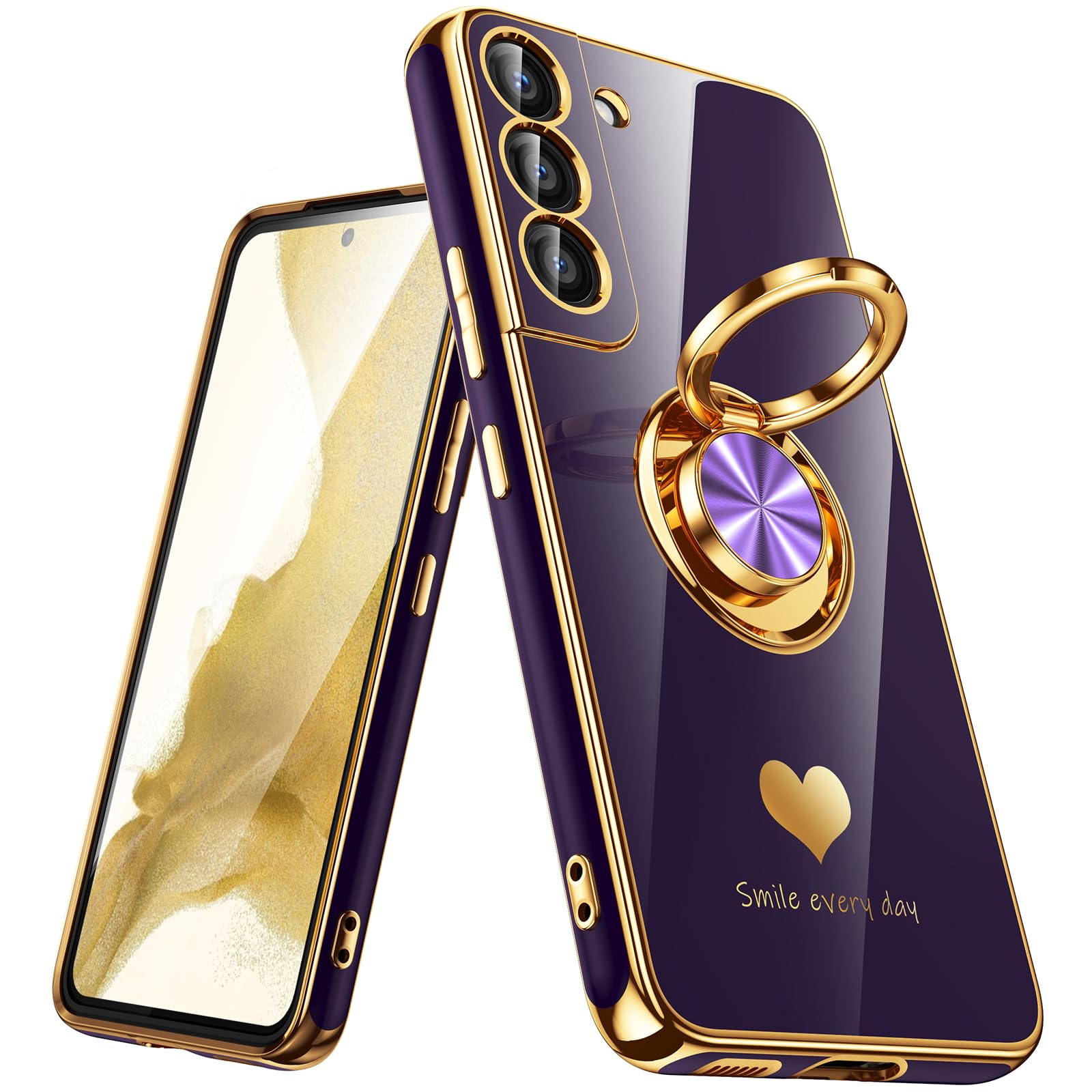 Nonional for Samsung Galaxy S22 5G Case, 360° Rotatable Ring Holder [Luxury Hearts Pattern] Plating Gold Edge Slim Soft Phone Cover Case for Galaxy S22 - Purple