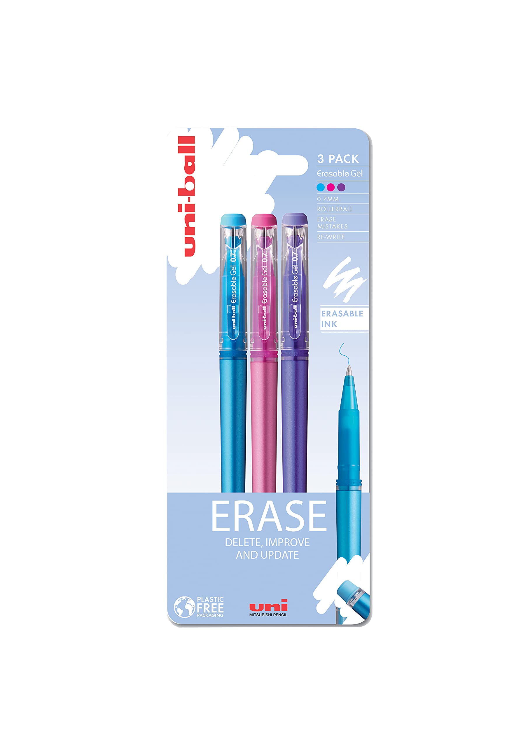 uni-ball UF-222-07 Erasable Ballpoint Gel Ink Pens (3 pack) - Light Blue, Pink & Purple, 0.7mm Tip, Erase by Rubbing out, for Writing, Drawing, Sketching, Art & Crafts, Home, School or Work