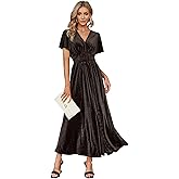 Simplee Women’s V Neck Velvet Maxi Dress Short Sleeve Empire Waist Long Formal Dress for Wedding Guest
