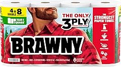 Brawny Tear-A-Square 3-Ply Paper Towels, 4 Double Rolls = 8 Regular Rolls, Strong, Absorbent, and Durable with 3 Sheet Sizes 
