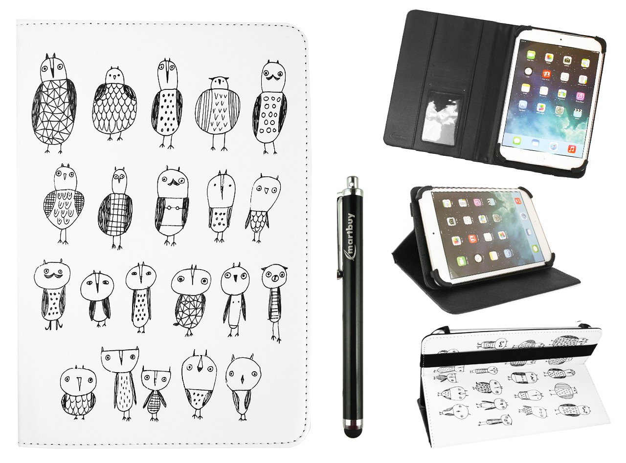 Emartbuy Universal 10-11.5 Inch Monochrome Owls Multi Angle Folio Wallet Case Cover With Card Slots Black Elastic Strap and Stylus Pen Compatible With Selected Devices Listed Below